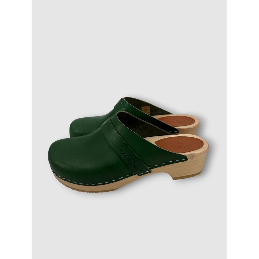Swedish Hasbeens Green Leather Clogs Wood Platform Mule Clogs Size 38 - Picture 3 of 9